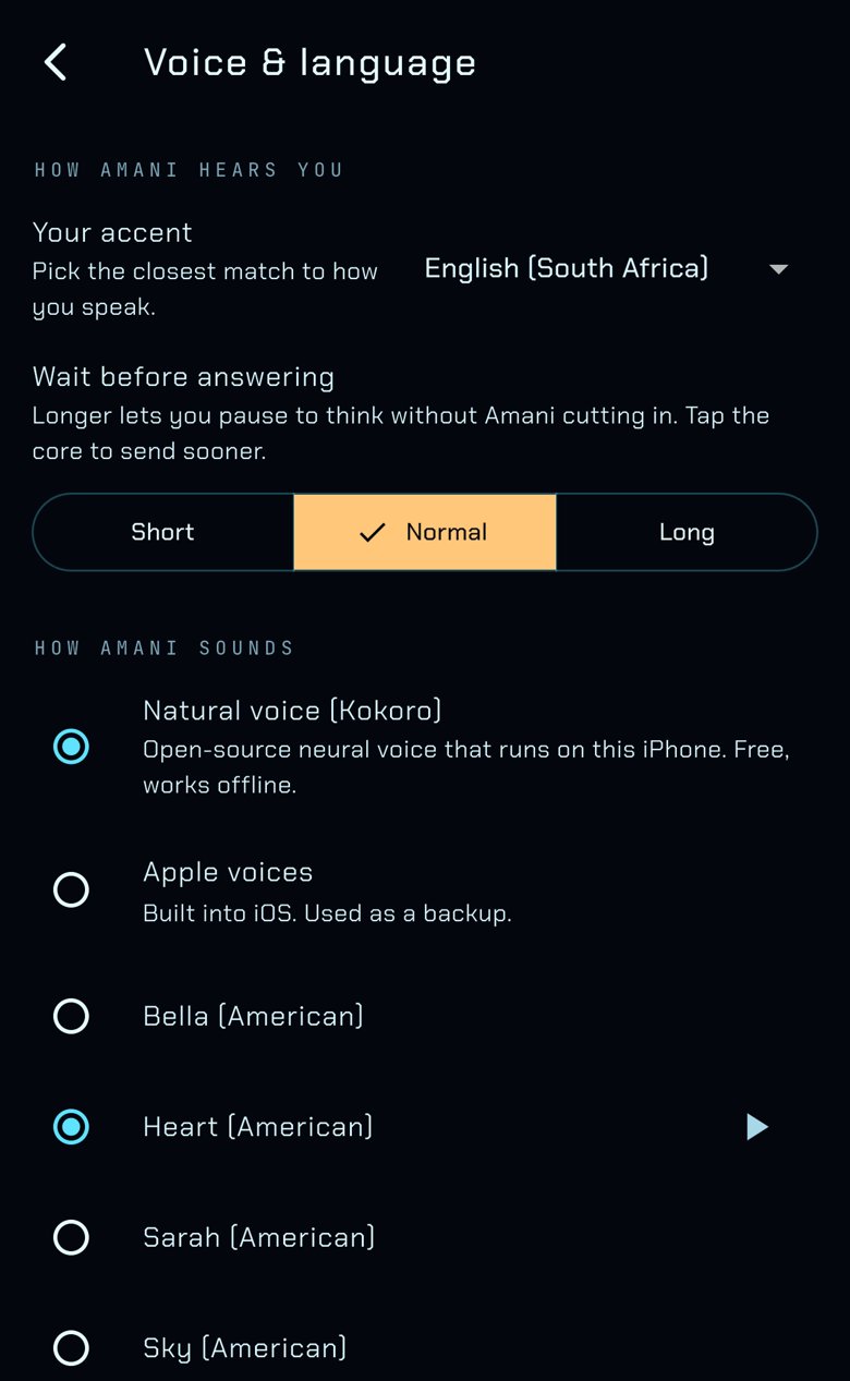 Amani voice and language settings